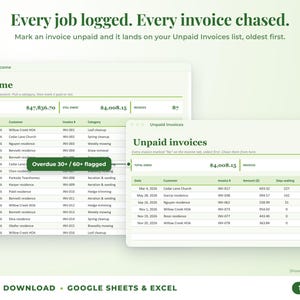 Income sheet and unpaid invoices list with overdue flags