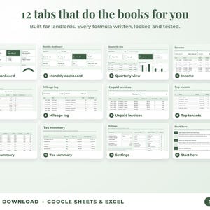 All 12 tabs of the bookkeeping spreadsheet: dashboards, income, expenses, mileage, unpaid invoices, top clients, tax summary