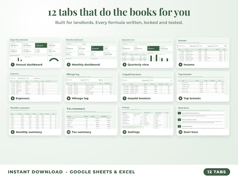 All 12 tabs of the bookkeeping spreadsheet: dashboards, income, expenses, mileage, unpaid invoices, top clients, tax summary