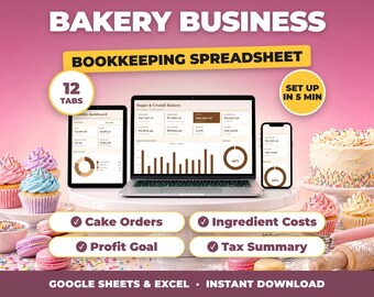 Hoja de cálculo para negocios de panadería / Registro de ingresos y gastos de panadería casera, contabilidad para negocios de pastelería (Google Sheets + Excel)