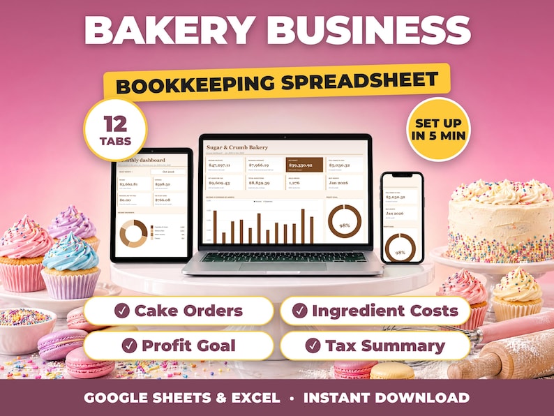 Bakery Business bookkeeping spreadsheet for Google Sheets and Excel on laptop, tablet and phone