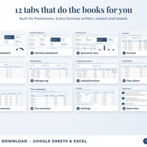 All 12 tabs of the bookkeeping spreadsheet: dashboards, income, expenses, mileage, unpaid invoices, top clients, tax summary