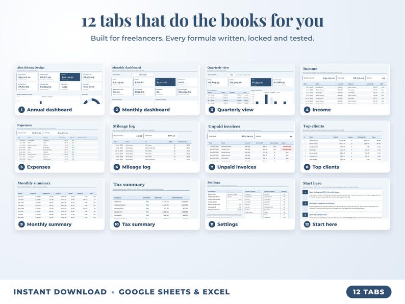 All 12 tabs of the bookkeeping spreadsheet: dashboards, income, expenses, mileage, unpaid invoices, top clients, tax summary