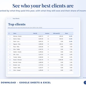 Top clients ranked by income with invoices, amount owed and share of income