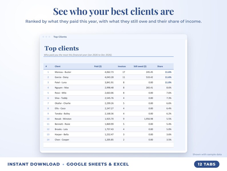 Top clients ranked by income with invoices, amount owed and share of income