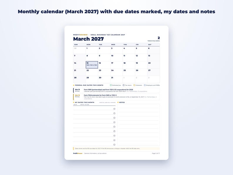Small Business Tax Calendar 2027 + Quarterly Tax Tracker page preview