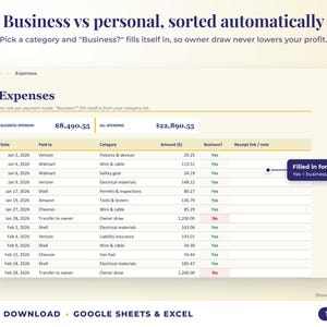 Expenses sheet where business or personal is filled in automatically from the category