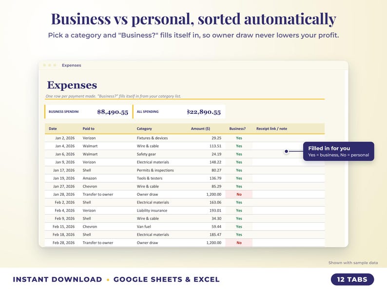 Expenses sheet where business or personal is filled in automatically from the category