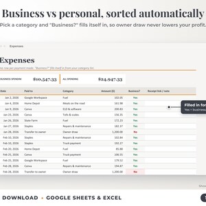 Expenses sheet where business or personal is filled in automatically from the category