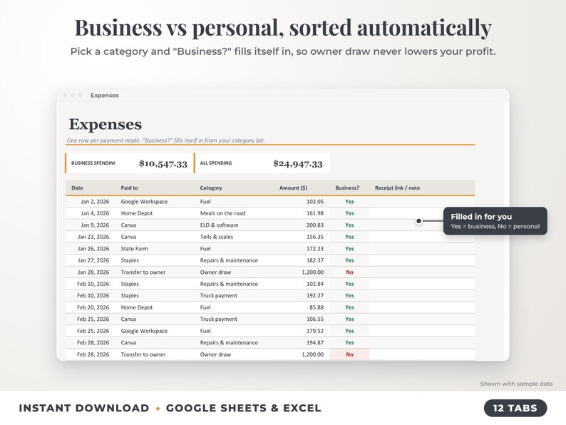 Expenses sheet where business or personal is filled in automatically from the category