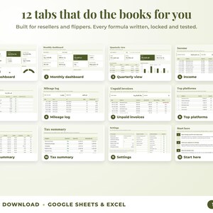 All 12 tabs of the bookkeeping spreadsheet: dashboards, income, expenses, mileage, unpaid invoices, top clients, tax summary