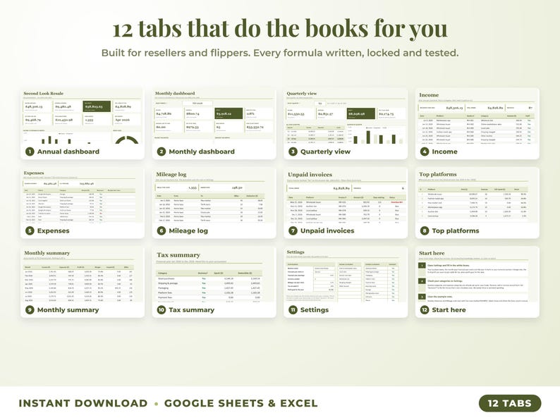 All 12 tabs of the bookkeeping spreadsheet: dashboards, income, expenses, mileage, unpaid invoices, top clients, tax summary