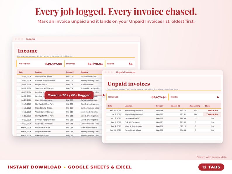 Income sheet and unpaid invoices list with overdue flags