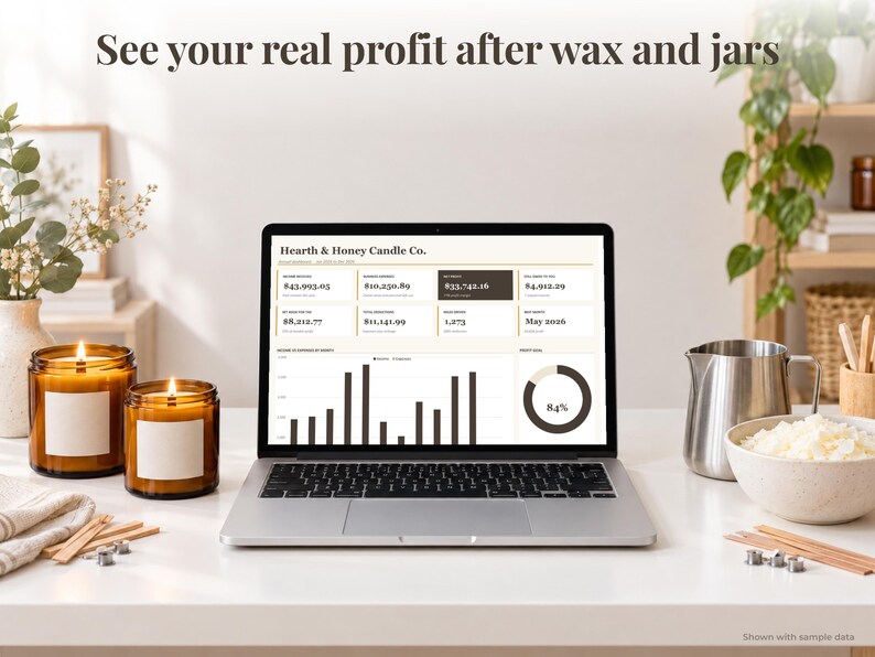 Candle Business bookkeeping spreadsheet annual dashboard open on a laptop on a desk