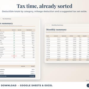 Tax summary with deductible totals, mileage deduction and suggested tax set-aside, plus monthly summary