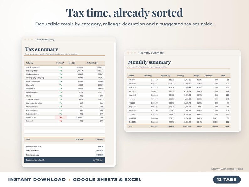 Tax summary with deductible totals, mileage deduction and suggested tax set-aside, plus monthly summary