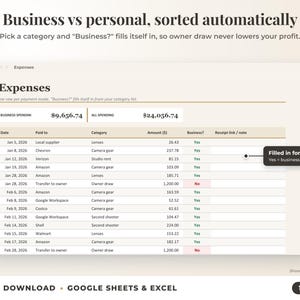 Expenses sheet where business or personal is filled in automatically from the category