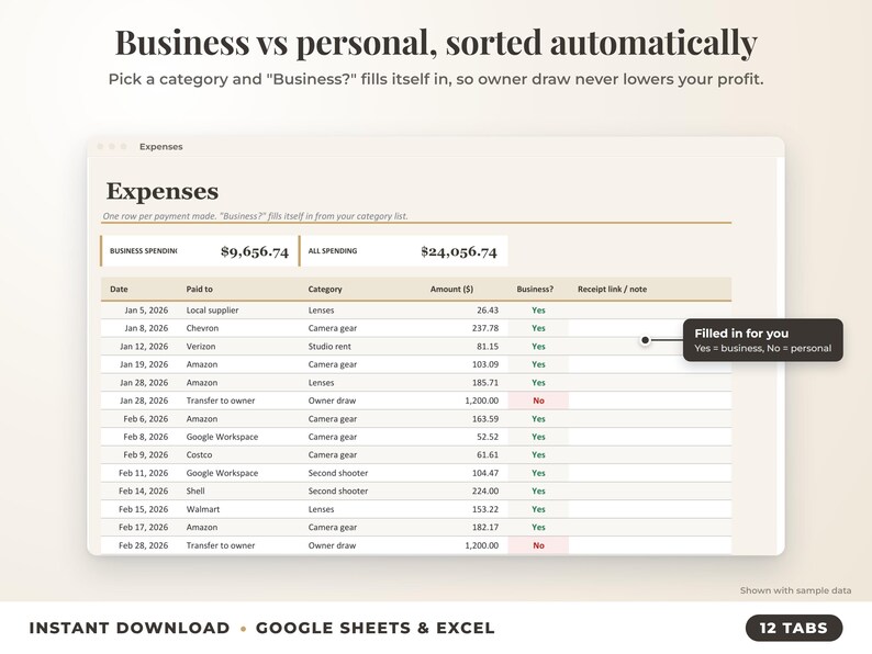 Expenses sheet where business or personal is filled in automatically from the category