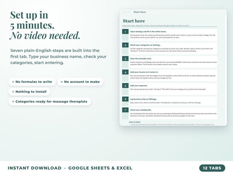 Start here tab with seven setup steps, no video needed
