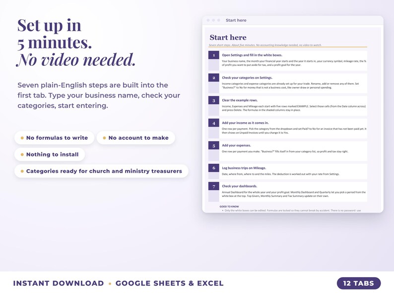 Start here tab with seven setup steps, no video needed