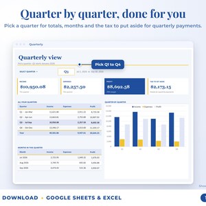 Quarterly view with quarter selector, quarterly totals, chart and tax set-aside