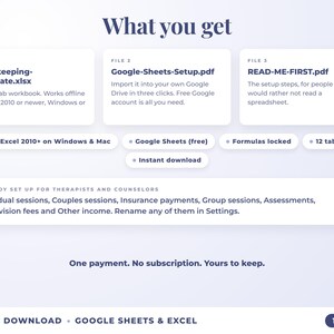 What is included: 12-tab Excel workbook, Google Sheets setup guide and read-me-first guide