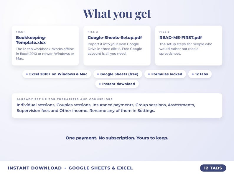 What is included: 12-tab Excel workbook, Google Sheets setup guide and read-me-first guide