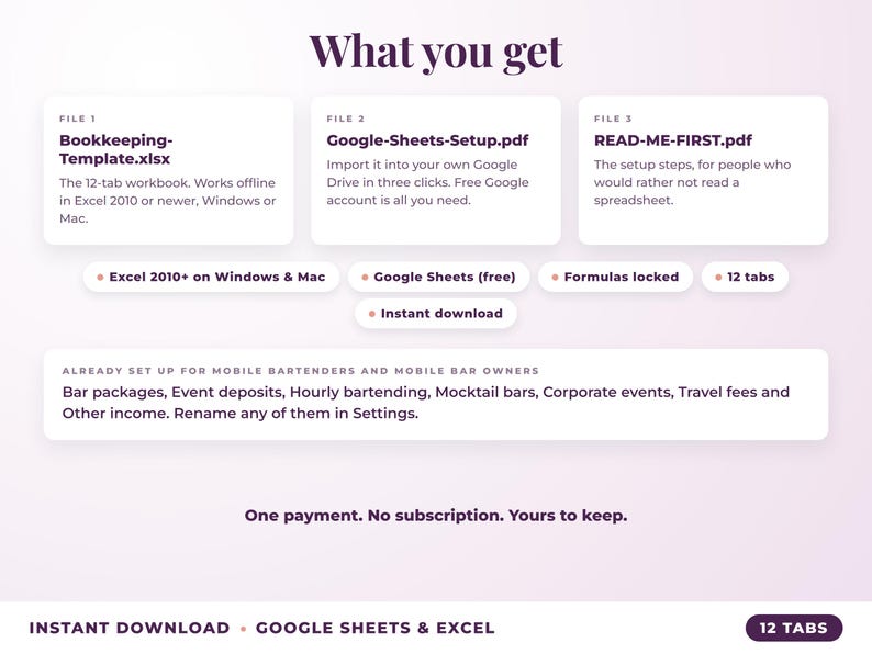 What is included: 12-tab Excel workbook, Google Sheets setup guide and read-me-first guide