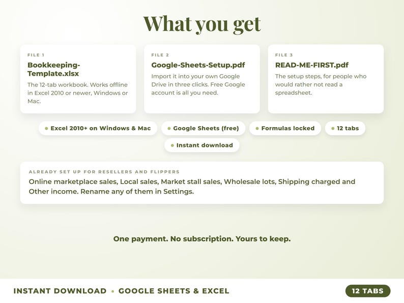 What is included: 12-tab Excel workbook, Google Sheets setup guide and read-me-first guide