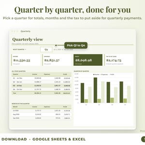 Quarterly view with quarter selector, quarterly totals, chart and tax set-aside