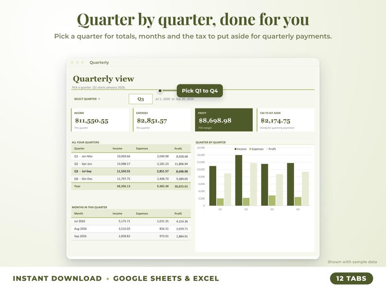 Quarterly view with quarter selector, quarterly totals, chart and tax set-aside