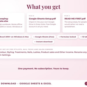 What is included: 12-tab Excel workbook, Google Sheets setup guide and read-me-first guide
