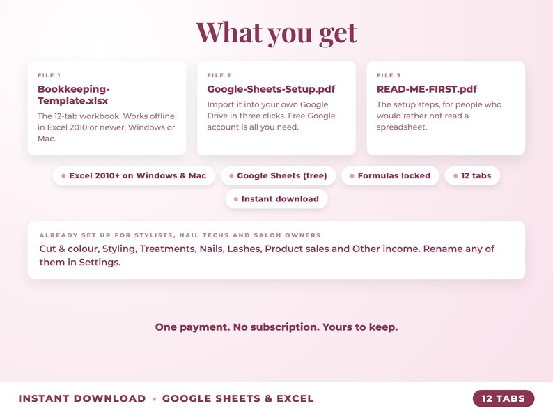 What is included: 12-tab Excel workbook, Google Sheets setup guide and read-me-first guide