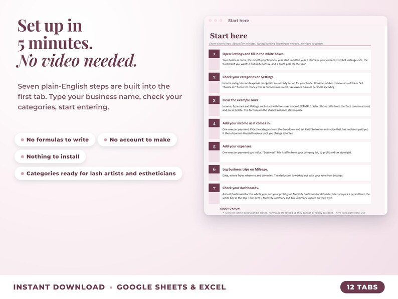 Start here tab with seven setup steps, no video needed