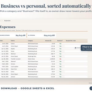 Expenses sheet where business or personal is filled in automatically from the category