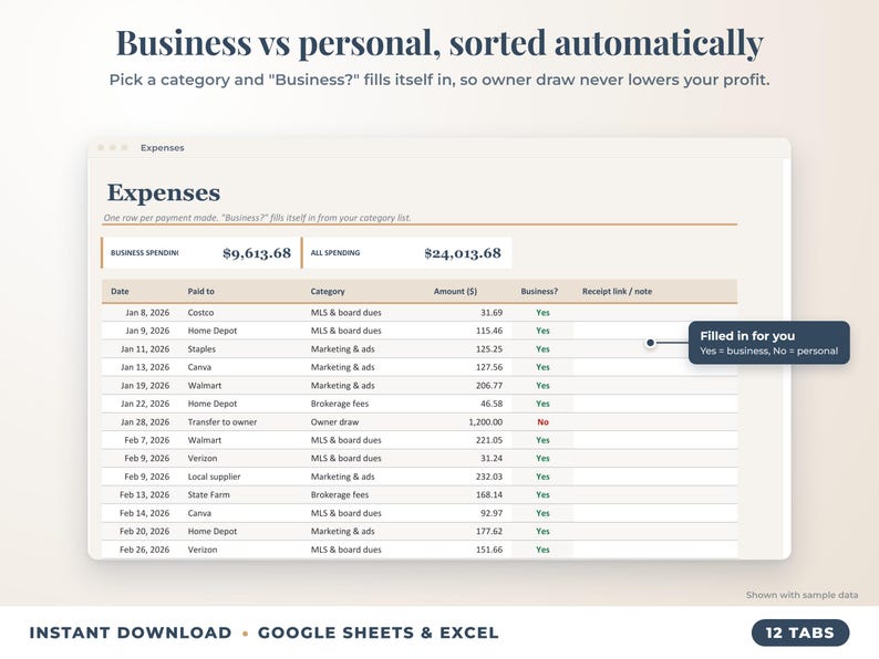Expenses sheet where business or personal is filled in automatically from the category