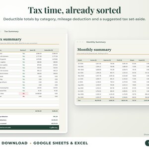Tax summary with deductible totals, mileage deduction and suggested tax set-aside, plus monthly summary