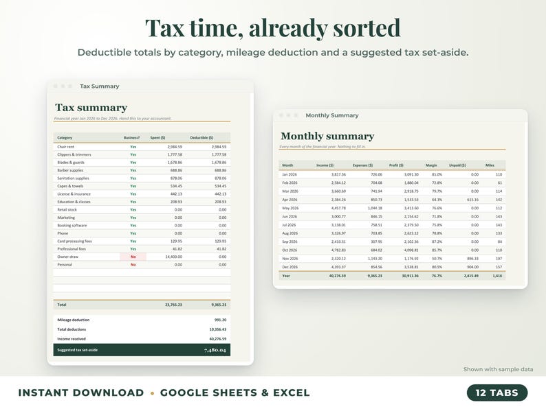 Tax summary with deductible totals, mileage deduction and suggested tax set-aside, plus monthly summary