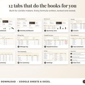 All 12 tabs of the bookkeeping spreadsheet: dashboards, income, expenses, mileage, unpaid invoices, top clients, tax summary