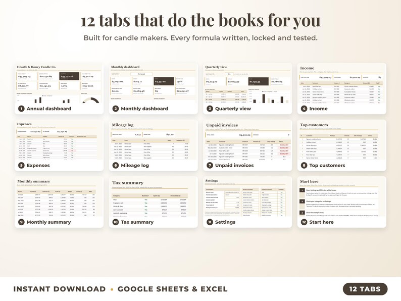 All 12 tabs of the bookkeeping spreadsheet: dashboards, income, expenses, mileage, unpaid invoices, top clients, tax summary