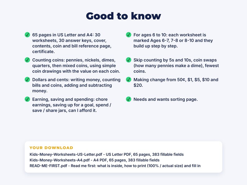 Kids Money Worksheets: details