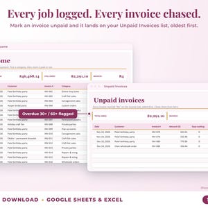 Income sheet and unpaid invoices list with overdue flags