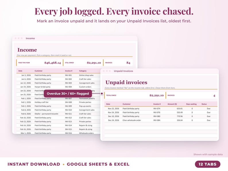 Income sheet and unpaid invoices list with overdue flags