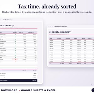 Tax summary with deductible totals, mileage deduction and suggested tax set-aside, plus monthly summary