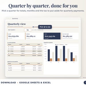 Quarterly view with quarter selector, quarterly totals, chart and tax set-aside