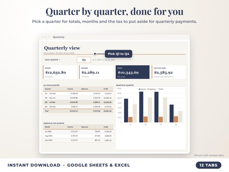 Quarterly view with quarter selector, quarterly totals, chart and tax set-aside