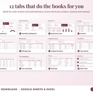 All 12 tabs of the bookkeeping spreadsheet: dashboards, income, expenses, mileage, unpaid invoices, top clients, tax summary