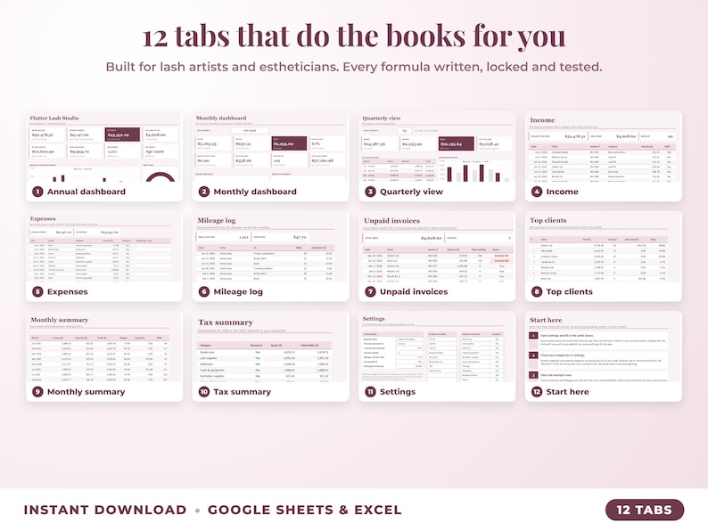 All 12 tabs of the bookkeeping spreadsheet: dashboards, income, expenses, mileage, unpaid invoices, top clients, tax summary