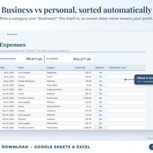 Expenses sheet where business or personal is filled in automatically from the category