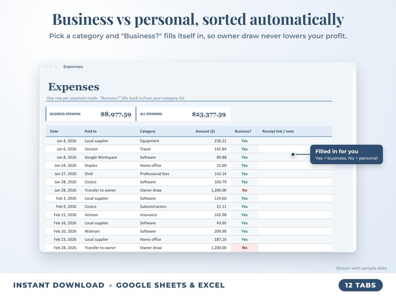 Expenses sheet where business or personal is filled in automatically from the category